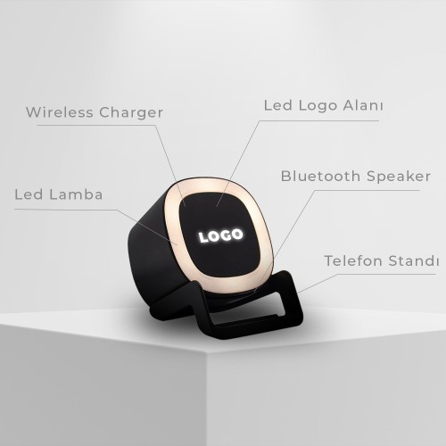 EccoTech Bluetooth Speaker + Wireless Charger + Telefon Standı + Led Lamba + Led Logo 